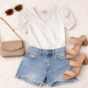 Michael Michael Kors White Eyelet V-Neck Puff Sleeve Blouse Top Size S